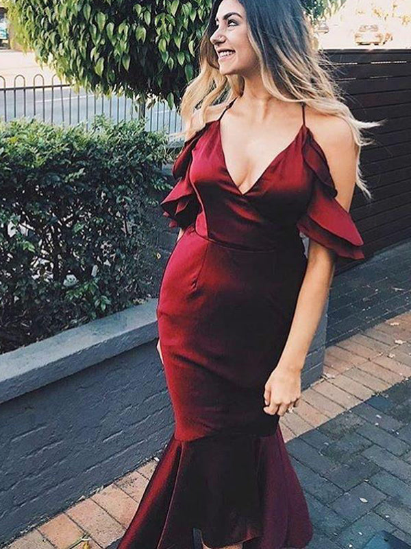 Smoothy Halter Burgundy Mermaid Asymetric Tea-length Bridesmaid Dress, BD3141