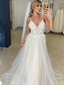 Spaghetti Strap V-neck Lace Applique Tulle Beach Wedding Dress, WD3030