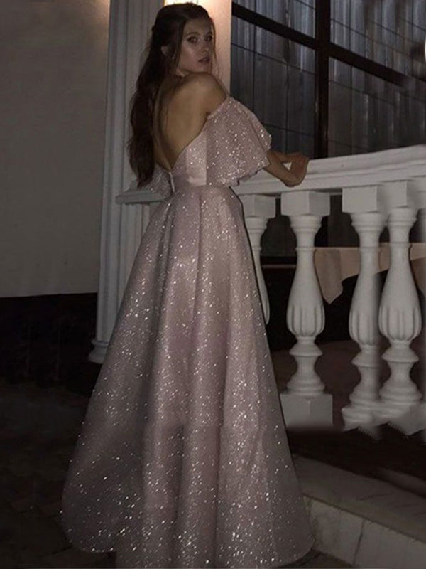 Sparkly Blush Pink Strapless Sexy Off-shoulder Side-slit Long A-line Prom Dress, PD3331