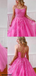 Sexy Hot Pink Spaghetti Strap Floral Lace Backless Tulle A-line Long Prom Dress, PD3037