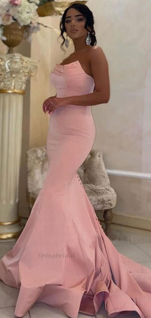 Straight Across Pink Strapless Sexy Mermaid Long Tail Prom Dress, PD3469