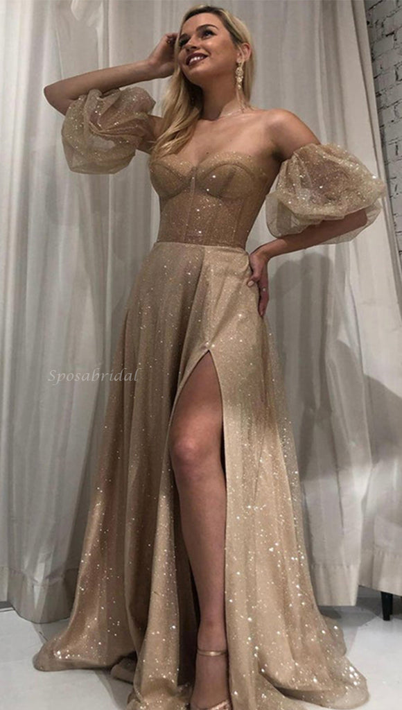 Strapless Light Champagne Sparkly Sweetheart Side-slit A-line Long Prom Dress, PD3387