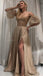 Strapless Light Champagne Sparkly Sweetheart Side-slit A-line Long Prom Dress, PD3387