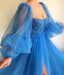 Unique A-line Blue Tulle Long Sleeves Modest Prom Dresses, PD2121