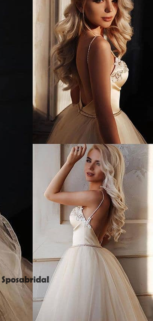 Elegant Champagne Sweetheart Spaghetti Strap Tulle A-line Long Gown Prom Dress, PD3036
