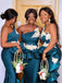 Teal Green Strapless Ruffle Ivory Appliques Mermaid Long Bridesmaid Dresses, BD3130