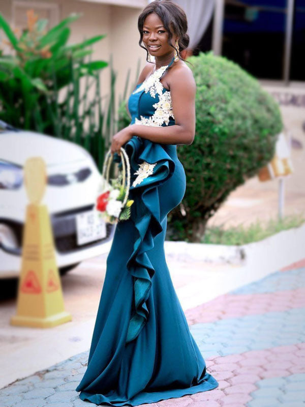 Teal Green Strapless Ruffle Ivory Appliques Mermaid Long Bridesmaid Dresses, BD3130