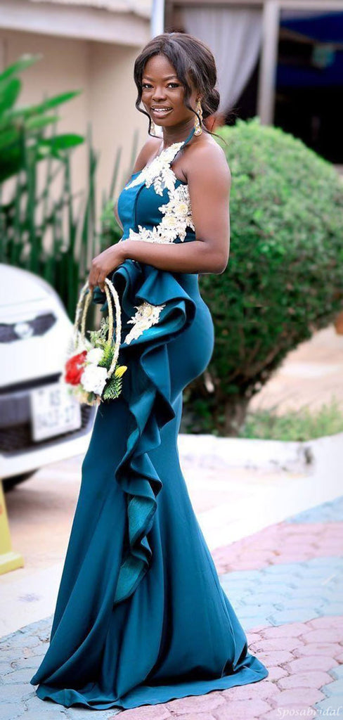 Teal Green Strapless Ruffle Ivory Appliques Mermaid Long Bridesmaid Dresses, BD3130