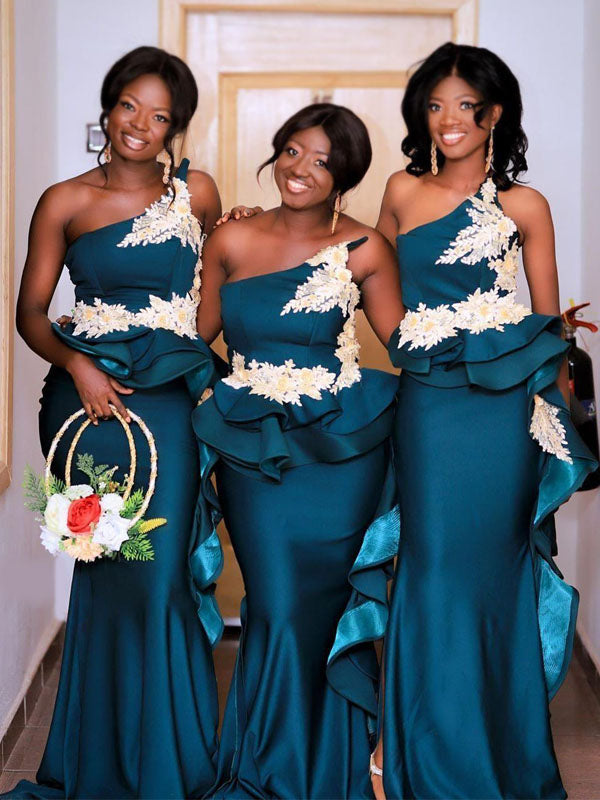 Teal Green Strapless Ruffle Ivory Appliques Mermaid Long Bridesmaid Dresses, BD3130