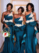 Teal Green Strapless Ruffle Ivory Appliques Mermaid Long Bridesmaid Dresses, BD3130