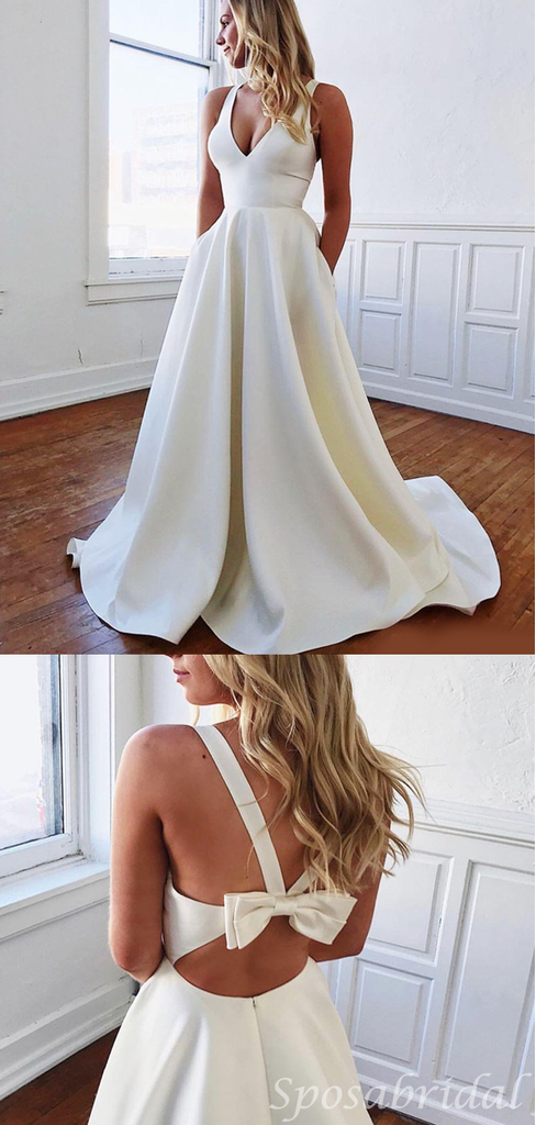 V-neck Spaghetti Strap Sheath Open Back With Cross Bow Tie Long Wedding Dress, WD3035