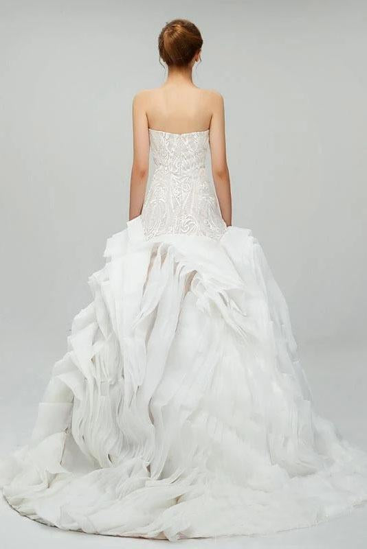 Modest Strapless Lace Top Ruffles New Off the Shoulder Wedding Dresses, WD307
