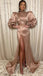 Vintage Mauve Turtle-neck Long-sleeve Side-slit Mermaid Long Prom Dress, PD3357