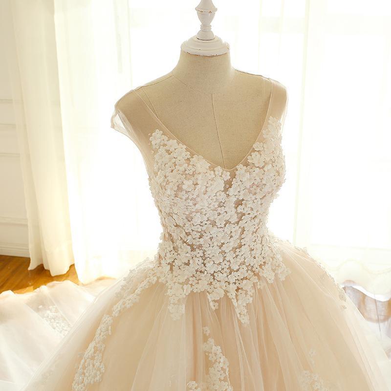 Cap Sleeve Lace Long Custom Cheap Custom Wedding Dresses, WD307 - SposaBridal