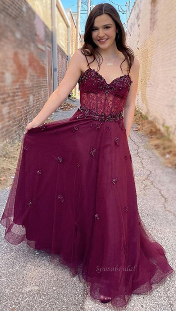 Wine Sexy Spaghetti Straps V-neck Lace Top A-line Appliques Long Prom Dress, PD3436