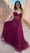Wine Sexy Spaghetti Straps V-neck Lace Top A-line Appliques Long Prom Dress, PD3436