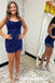 Shiny Royal Blue Sequin Spaghetti Straps Sheath Mini Dresses/ Homecoming Dresses With Tassel, PD3553