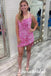 Sarkly Pink Sequin Spaghetti Straps Square Sheath Mini Dresses/ Homecoming Dresses, PD3541