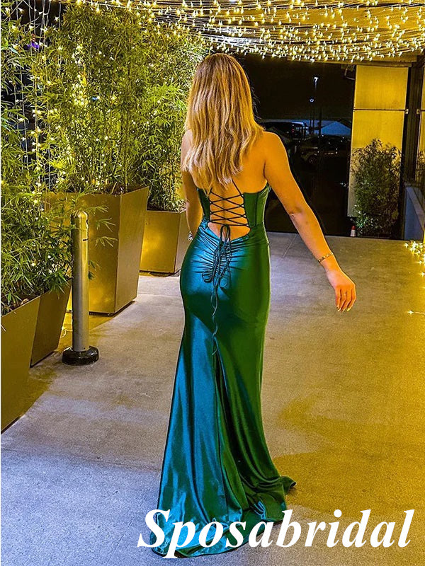 Sexy Emerald Spaghetti Straps Lace Up Back Mermaid Long Prom Dresses, PD3829