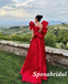 Elegant Red Satin Spaghetti Straps V-Neck Open Back A-Line Long Prom Dresses, PD3798