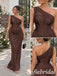 Luxury Brown Chiffon One Shoulder Bridesmaid Dress With Corset Bodice Draped Skirt, BD3479