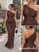 Luxury Brown Chiffon One Shoulder Bridesmaid Dress With Corset Bodice Draped Skirt, BD3479