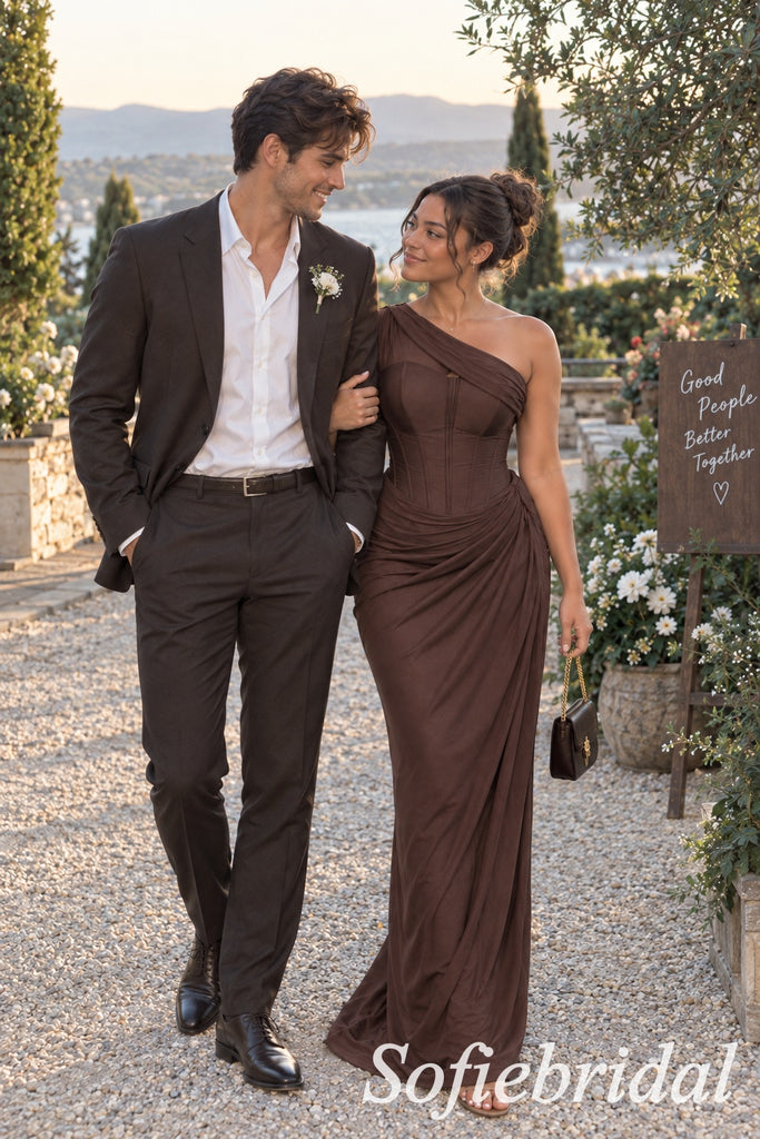 Luxury Brown Chiffon One Shoulder Bridesmaid Dress With Corset Bodice Draped Skirt, BD3479