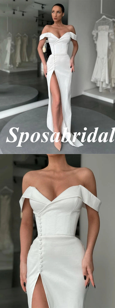 Sexy Satin Off Shoulder Sleeveless Side Slit Mermiad Long Prom Dresses, PD3910