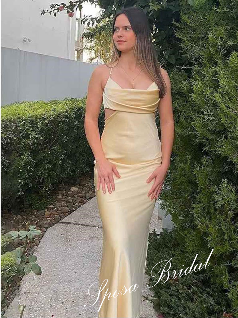 Sexy Soft Satin Spaghetti Straps Sleeveless Criss-Cross Sheath Floor Length Prom Dress, PD4076