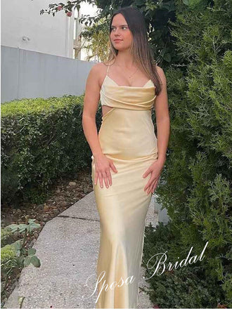 Sexy Soft Satin Spaghetti Straps Sleeveless Criss-Cross Sheath Floor Length Prom Dress, PD4076