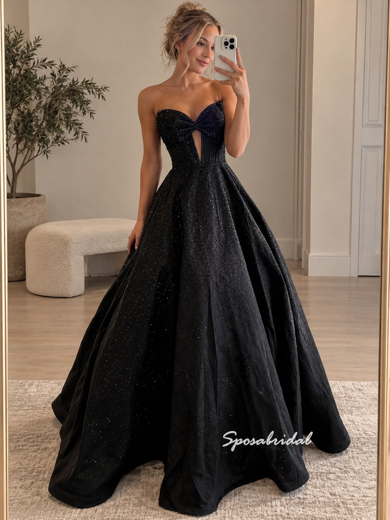Strapless Bow Sparkle Tulle Evening Dress, Black Ball Gown Formal Gown, PD4381