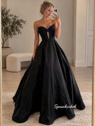 Strapless Bow Sparkle Tulle Evening Dress, Black Ball Gown Formal Gown, PD4381