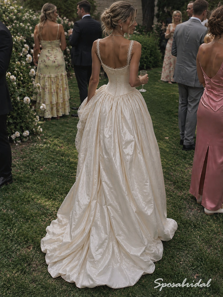 Square Neck Spaghetti Strap Taffeta Ballgown Wedding Dress, Lace Trim Corset Floor Length Bridal Gown,WD3138