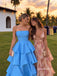 Sky Blue Strapless Satin A-Line Gown, Tiered Ruffle Skirt Formal Prom Evening Dress, PD4368