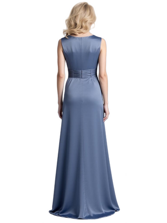 Elegant Slate Blue Satin Lace Mother of the Bride Dress | Special Occasion Evening Dress, SFM014