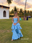 Sky Blue Strapless Satin A-Line Gown, Tiered Ruffle Skirt Formal Prom Evening Dress, PD4368