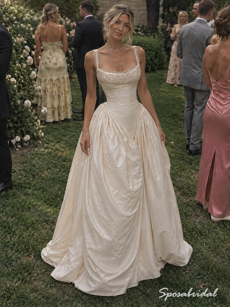 Square Neck Spaghetti Strap Taffeta Ballgown Wedding Dress, Lace Trim Corset Floor Length Bridal Gown,WD3138