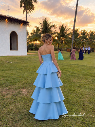 Sky Blue Strapless Satin A-Line Gown, Tiered Ruffle Skirt Formal Prom Evening Dress, PD4368