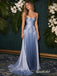 Dusty Blue Strapless Ruched Satin Evening Gown, Bow Accent Pleated Skirt Formal Prom Dress, PD4372