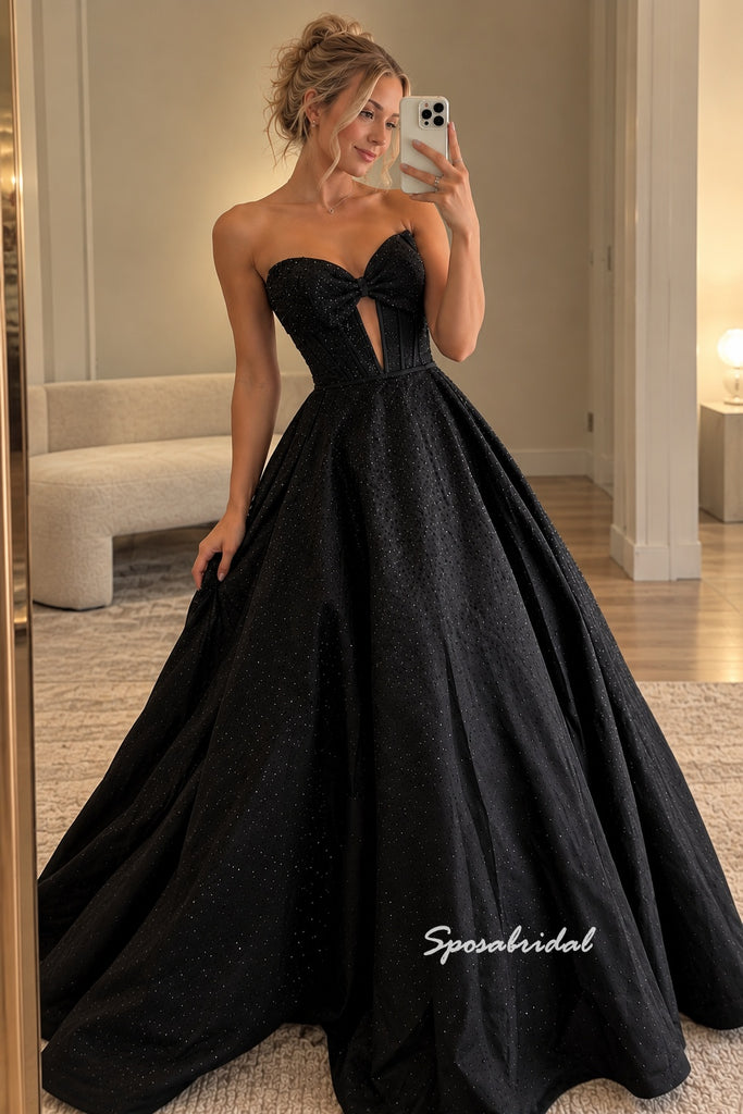 Strapless Bow Sparkle Tulle Evening Dress, Black Ball Gown Formal Gown, PD4381