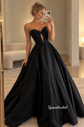 Strapless Bow Sparkle Tulle Evening Dress, Black Ball Gown Formal Gown, PD4381