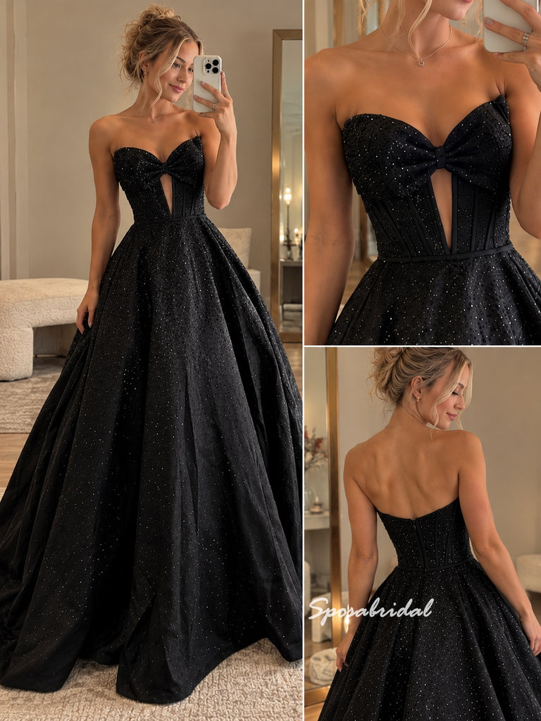 Strapless Bow Sparkle Tulle Evening Dress, Black Ball Gown Formal Gown, PD4381