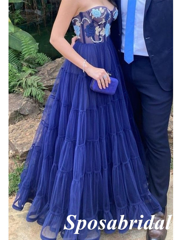 Elegant Royal Blue Tulle Sweetheart A-Line Long Prom Dresses With Appl SposaBridal Elegant Royal Blue Tulle Sweetheart A-Line Long Prom Dresses With Appl SposaBridal