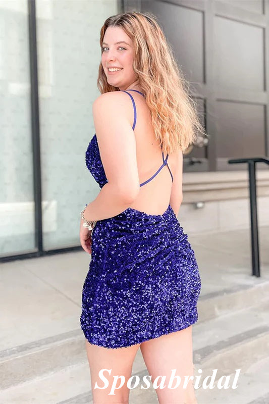 Shiny Purple Sequin Spaghetti Straps V-Neck Sheath Mini Dresses/ Homecoming Dresses, PD3552