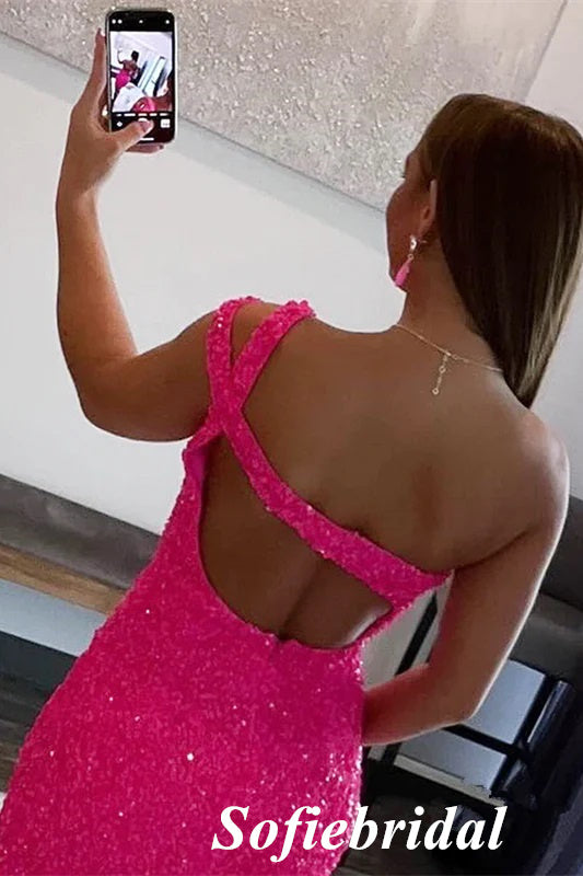 Sarkly Pink Sequin One Shoulder Sheath Mini Dresses/ Homecoming Dresses, PD3542
