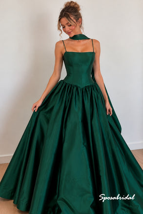Emerald Green Satin Ball Gown Evening Dress, Spaghetti Strap Formal Gown, PD4385