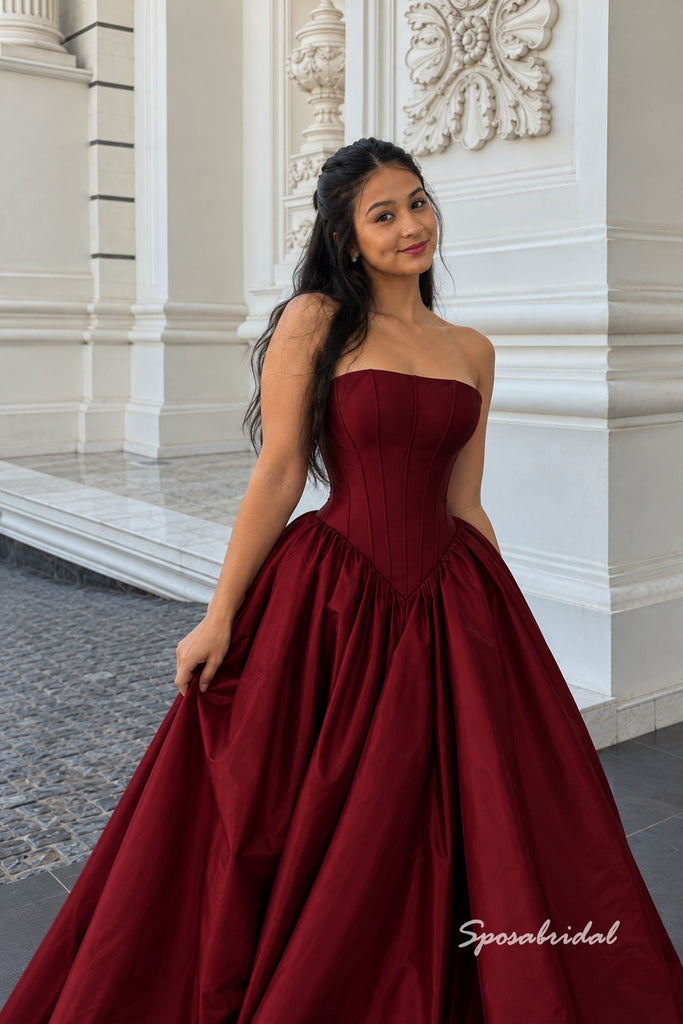 Strapless Corset Burgundy Taffeta Ball Gown, Simple Formal Prom Evening Dress, PD4375