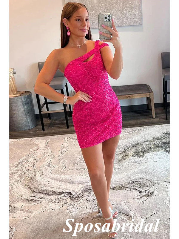 Sarkly Pink Sequin One Shoulder Sheath Mini Dresses/ Homecoming Dresse SposaBridal Sarkly Pink Sequin One Shoulder Sheath Mini Dresses/ Homecoming Dresse SposaBridal