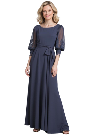 Elegant Dusty Blue Chiffon Puff Sleeve A-Line Mother of the Bride Dress with Belt, SFM016