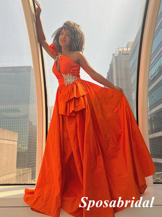 Elegant One Shoulder Sleeveless Side Slit A-Line Long Prom Dresses With Rhinestone, PD3919